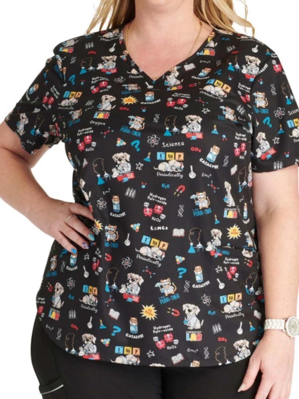 Lab Purr-tners Cherokee Dog Cat Print V Neck Scrub Top